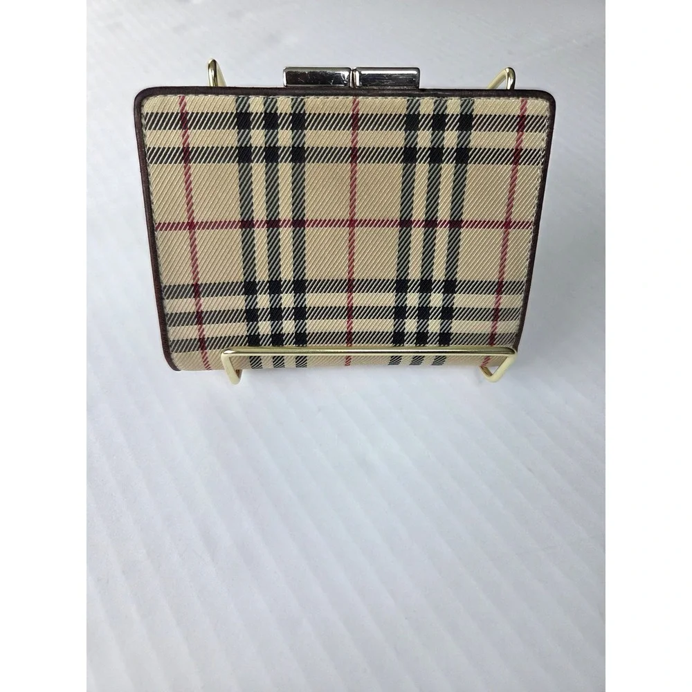 Burberry Nova Check Canvas Leather Bifold Wallet Brown Kiss Lock Coin Pouch